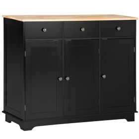 HOMCOM Sideboard with Solid Wood Countertop, Modern Kitchen Storage Cabinet, Coffee Bar Cabinet with 3 Drawers, Doors and Adjustable Shelf, Black