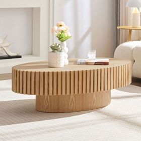 Modern Handcraft Drum Coffee Table Length 43.7 inch Ellipse Coffee Table for Living Room,Oval Small Coffee Table with Sturdy Pedestal (Color: Natural Ash, Material: MDF)